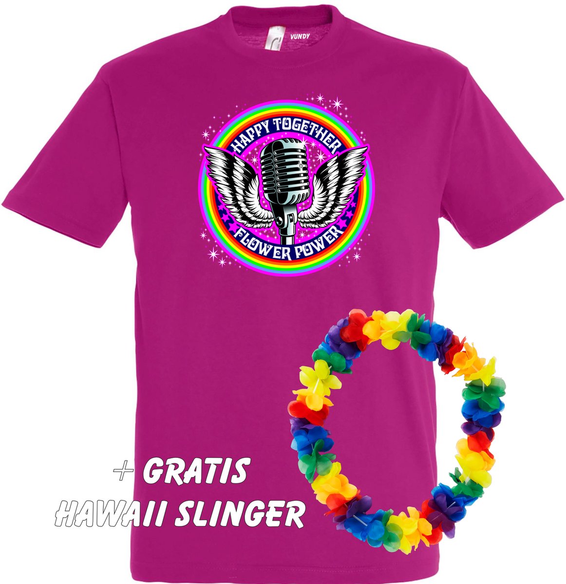 T-shirt Happy Together Flower Power | Toppers in Concert 2022 | Toppers kleding shirt | Hippie Jaren 60 | Fuchsia | maat 4XL